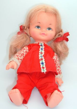 Vintage Doll Girl Strawberry Blond Hair Red Outfit 8 " Made In Hong Kong