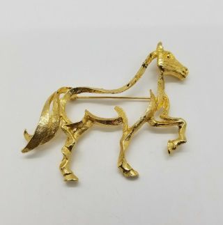 Vintage Signed " Flora " Gold Tone Horse Brooch Pin