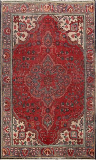 Vintage Red Traditional Floral Tebriz Area Rug Handmade Wool Oriental Carpet 3x5