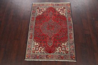 Vintage RED Traditional Floral Tebriz Area Rug Handmade Wool Oriental Carpet 3x5 2