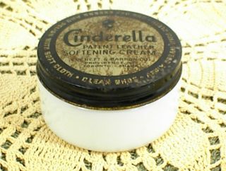 Vintage Jar Cinderella Patent Leather Softening Cream Milk Glass Black Tin Lid