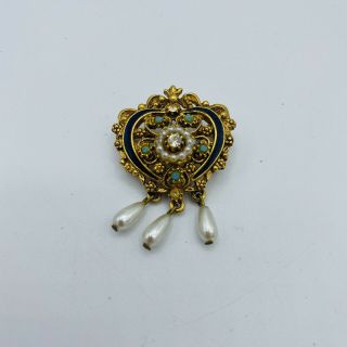 Vintage Florenza Gold Tone Faux Pearl Dangle Brooch