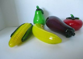 Vintage Large 5 Piece Murano Style Hand Blown Glass Fruits & Vegetables