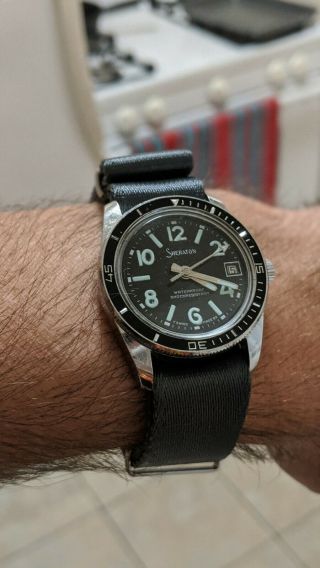Vintage Sheraton Sheffield Diver,  Hand Winder,  Keeps Time Well,  Nato Strap.