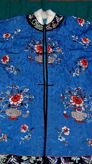 ANTIQUE CHINESE WOMEN WINTER SILK EMBROIDERED ROBE W/ FLOVERS,  VASES&BUTTERFLIES 2