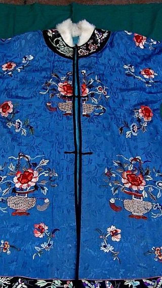 ANTIQUE CHINESE WOMEN WINTER SILK EMBROIDERED ROBE W/ FLOVERS,  VASES&BUTTERFLIES 3