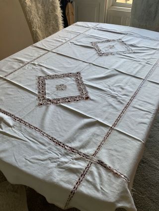 Vintage Huge White Tablecloth - Cotton & Lace Detail - 69x48”