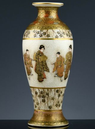 Very Fine Antique Japanese Meiji Satsuma Pottery Figural Landscape Vase Signed
