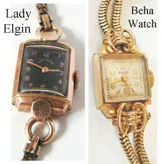 2 Antique/vintage Ladies Watches Lady Elgin 19 Jewels 14k G.  F.  & Beha 17 Jewels