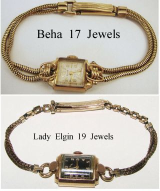2 Antique/Vintage Ladies Watches Lady Elgin 19 Jewels 14K G.  F.  & Beha 17 Jewels 2