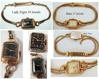2 Antique/Vintage Ladies Watches Lady Elgin 19 Jewels 14K G.  F.  & Beha 17 Jewels 3