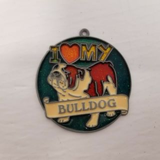 Vtg I Love My Bulldog Stained Glass 3.  5 " Window Ornament,  Bulldog Collectible