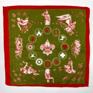 Vtg 1950’s Boy Scouts Bandana Green And Red Mid Century Badges 16” Square