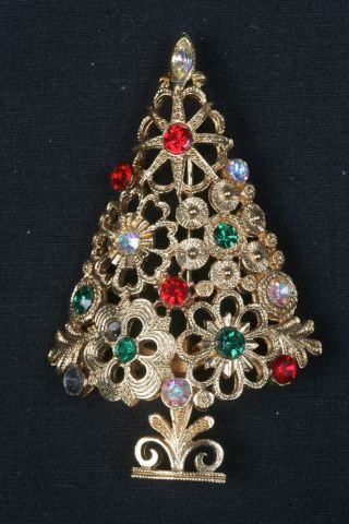 Vintage Mylu Christmas Tree Pin Book Piece Signed Filigree & Rhinestones