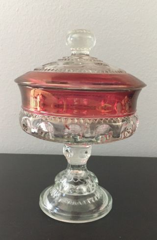Vintage Tiffin - Franciscan King Crown Cranberry Flashed Compote Candy Dish & Lid