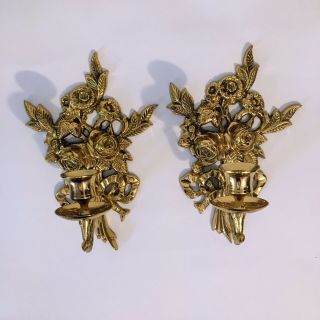 Vintage Brass Candle Wall Sconces Midcentury Holders Floral Bouquet