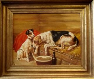 19th Century British Antique Oil Painting Of Faithful Dogs Armfield ? Langlois ?