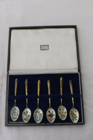 Set Of Six Solid Silver And Enamel Tea Spoons Flower Designs By Harrods London