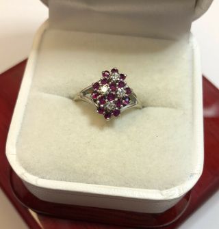 Vintage 14k White Gold Diamond Ruby Flower Antique Cluster 585 Wedding Ring 7.  5