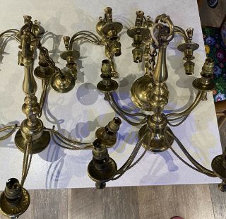 Vintage Set Antique Brass 2x4 Arm Chandelier Ceiling Light,  3matching Sconces