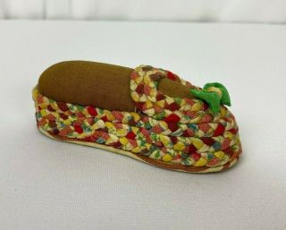 Vintage Braided Shoe Or Slipper Pin Cushion Multicolor & Brown Fabric 4 Inches