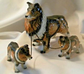 Vintage Japan Ceramic Collie Lassie Dog With Pups On Chain Figurines