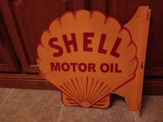 Vintage Antique Shell Motor Oil Double Sided Flange Porcelain Sign