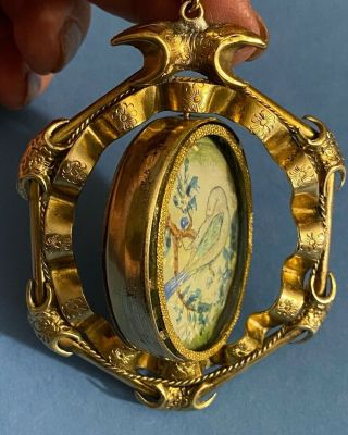Antique Victorian Gold Filled Carved Revolving Pendant Charm Birds Under Glass