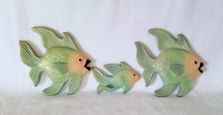 3 Vintage Green Angel Fish Family Chalk Wall Plaque Bathroom Anthropomorphic