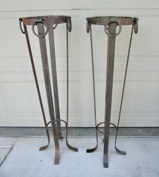 Vintage Pair Wrought Iron Forged Tall Plant Stands Pedestal Mexico Classical
