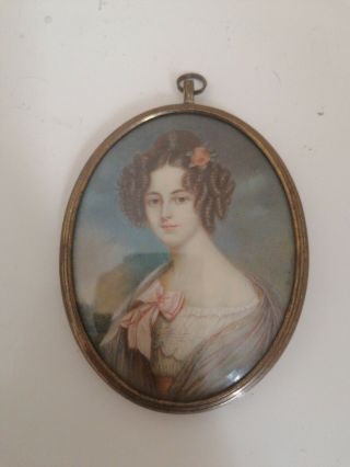 Antique 19thc Miniature Oval Portrait Painting Of A Woman In Gilt Frame
