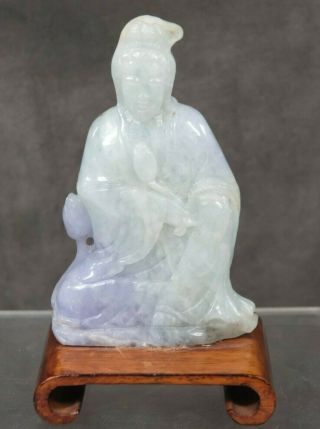 Kuan Yin Carved White Jade Goddess Of Mercy Statue Figurine On Wood Base (kmeb)