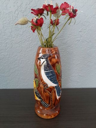Carl Christiansen 4 Bird Decorative Vase Fish Decoy Folk Art Wood Carving