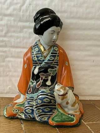 Antique Meiji Kutani Japanese Figure Figurine Geisha & Cat 7.  5 "