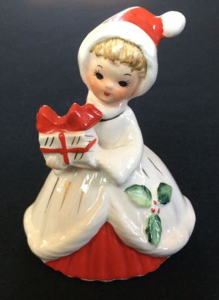 Vintage Josef Originals Christmas Angel Girl Bell With Santa Hat And Present