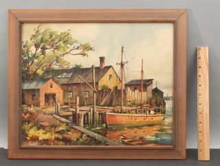 Antique John Cuthbert Hare Provincetown Mass Fishing Boat Wharf Harbor Painting
