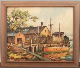 Antique JOHN CUTHBERT HARE Provincetown Mass Fishing Boat Wharf Harbor Painting 2