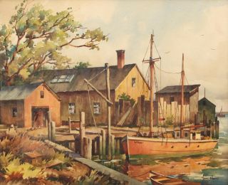 Antique JOHN CUTHBERT HARE Provincetown Mass Fishing Boat Wharf Harbor Painting 3