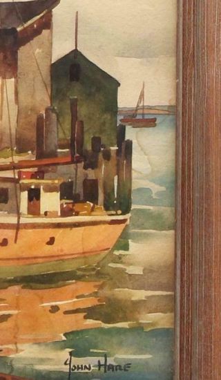 Antique JOHN CUTHBERT HARE Provincetown Mass Fishing Boat Wharf Harbor Painting 5