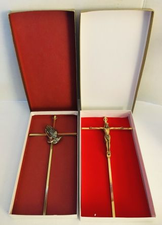 2 Vintage Gold Metal Crucifix Wall Hanging Cross Praying Hands 10” With Boxes