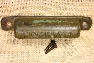 Old Drawer Pull Bin Handle Hamilton Vintage Rustic Cast Iron Olive Green Paint
