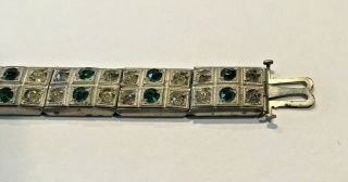 Vintage Art Deco Silvertone 2 Row Green & Clear Rhinestone Bracelet