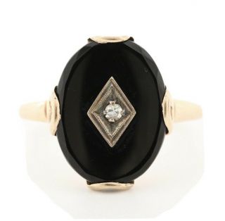Antique Art Deco Onyx & Diamond 10k Yellow Gold Ring Size 8.  75