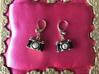 Betsey Johnson Vintage Miami Chic Black & Gold Crystal Camera Dangle Earrings
