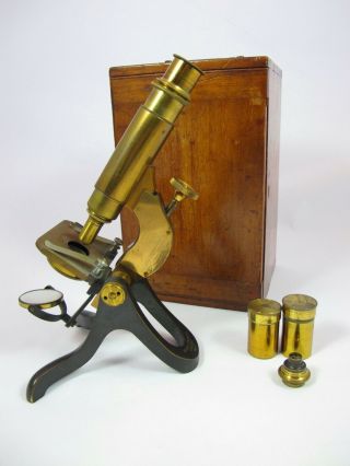 Antique Brass Monocular Microscope By Henry Crouch.  Cased.