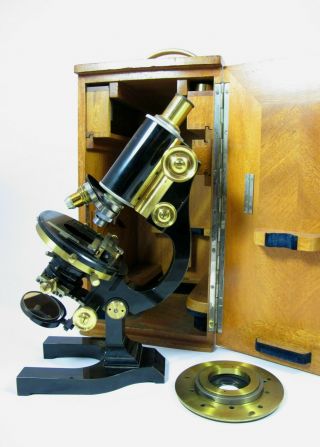 Large Antique Brass Monocular Microscope By Ernst Leitz.  Cased.  No.  209079.