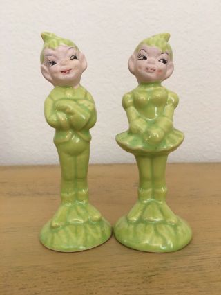 Vintage Pixie Elves Green Boy And Girl Salt And Pepper No Stoppers