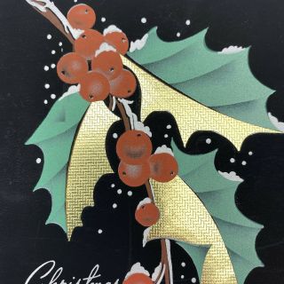 Vintage Mid Century Christmas Greeting Card Art Deco Gold Foil Black Background
