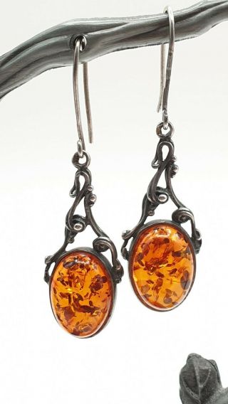 Vintage Antique Native American Earrings 925 Sterling Silver Dangle Amber