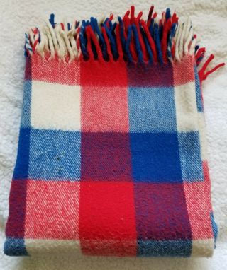 Vintage Faribo Wool Throw Blanket Plaid Fluff Loomed Red,  White & Blue 65 " X 54 "